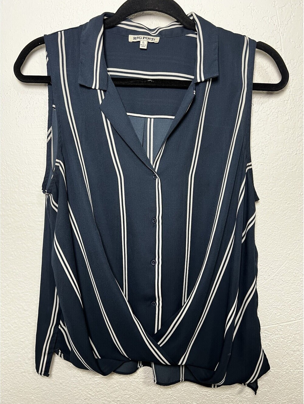 Rag Poets Navy Striped Pullover Lightweight Semi Sheer Sleeveless Blouse Large